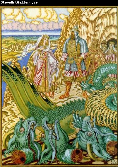 Ivan Bilibin Dobrynya Nikitich rescues Zabava from the dragon Gorynych